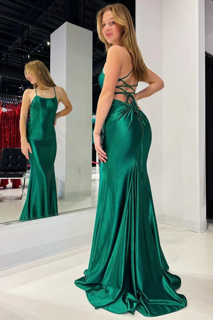 Emerald Green Satin Mermaid Scoop Neck Lace-up Floor-Length Dress Back View - Jimiss