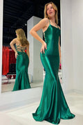 Emerald Green Satin Mermaid Scoop Neck Lace-up Floor-Length Dress Front View - Jimiss