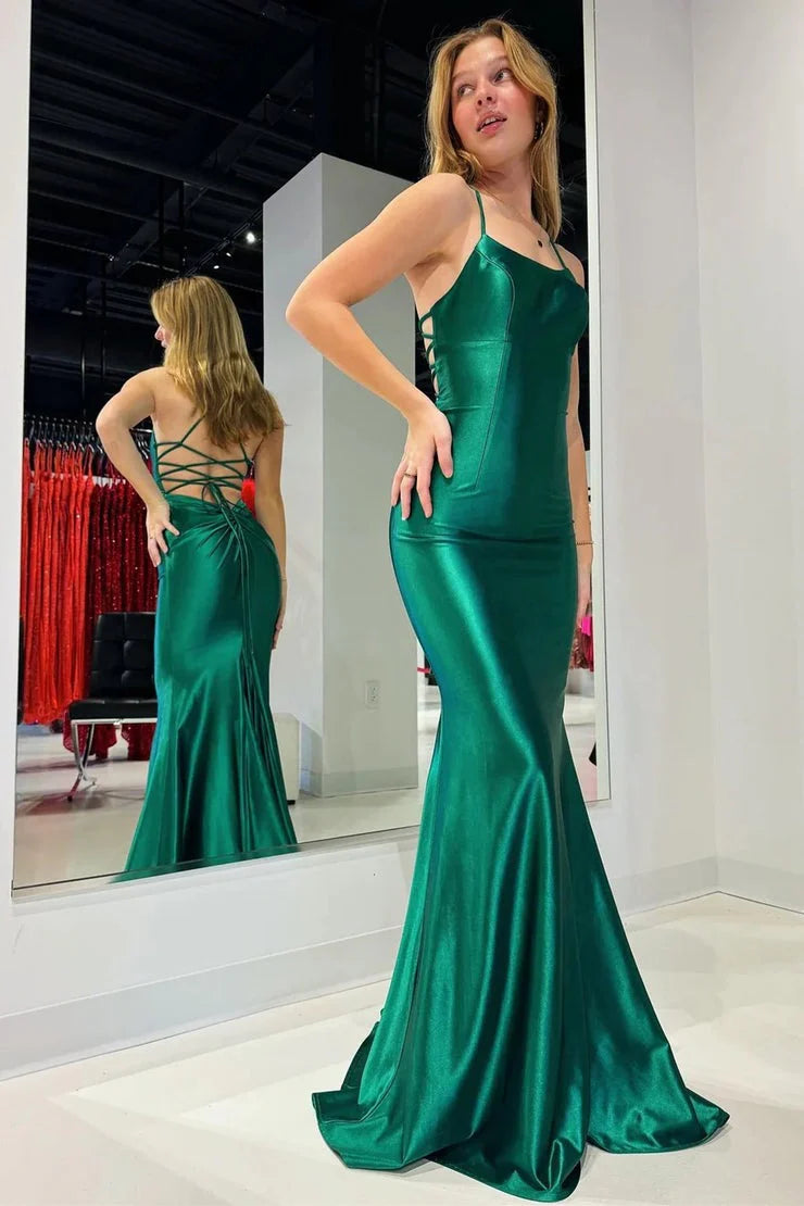 Emerald Green Satin Mermaid Scoop Neck Lace-up Floor-Length Dress Front View - Jimiss