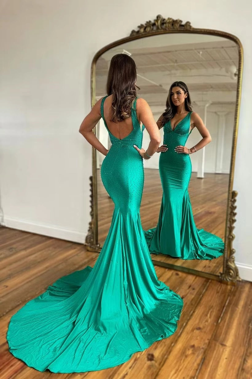 Emerald Stretch Satin Mermaid Plunging V-Neck Low Back Floor-Length Dress Back View - Jimiss