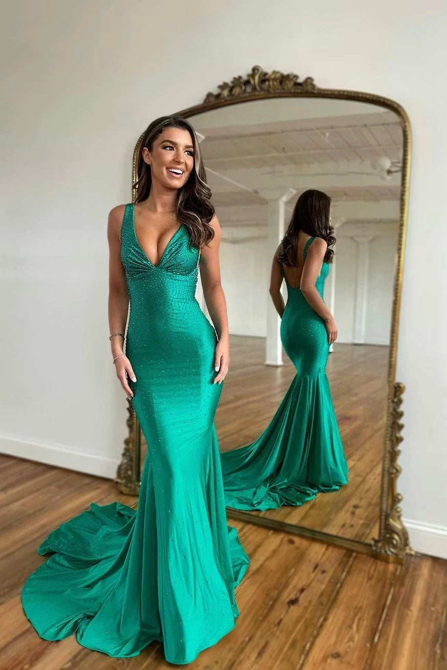 Emerald Stretch Satin Mermaid Plunging V-Neck Low Back Floor-Length Dress Front View - Jimiss