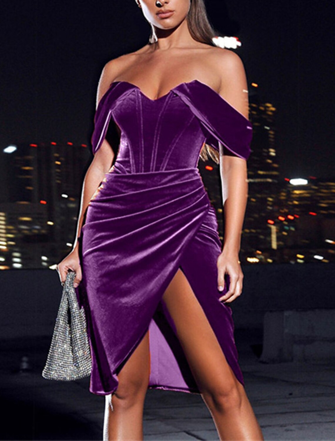 Sheath / Column Cocktail Dresses Party Dress Cocktail Party Birthday Knee Length Short Sleeve Off Shoulder Velvet with Ruched Slit