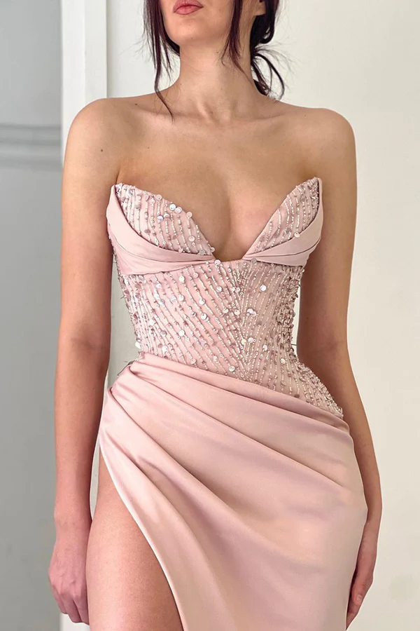 Vestido de noche largo plisado de satén con abertura alta y escote en V sexy