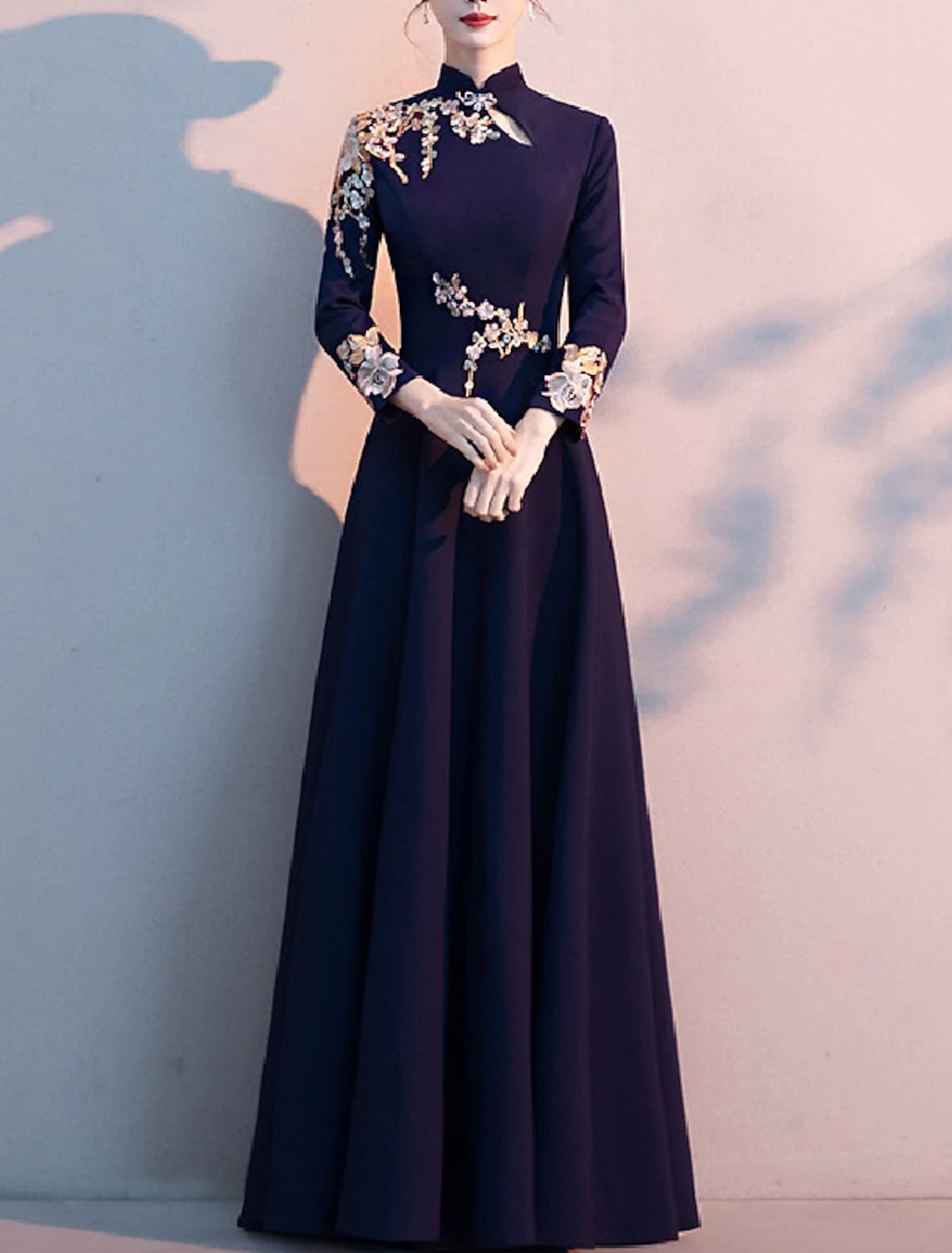 A-Line Mother of the Bride Dress Elegant Simple High Neck Floor Length  Fabric Long Sleeve with Pleats Appliques