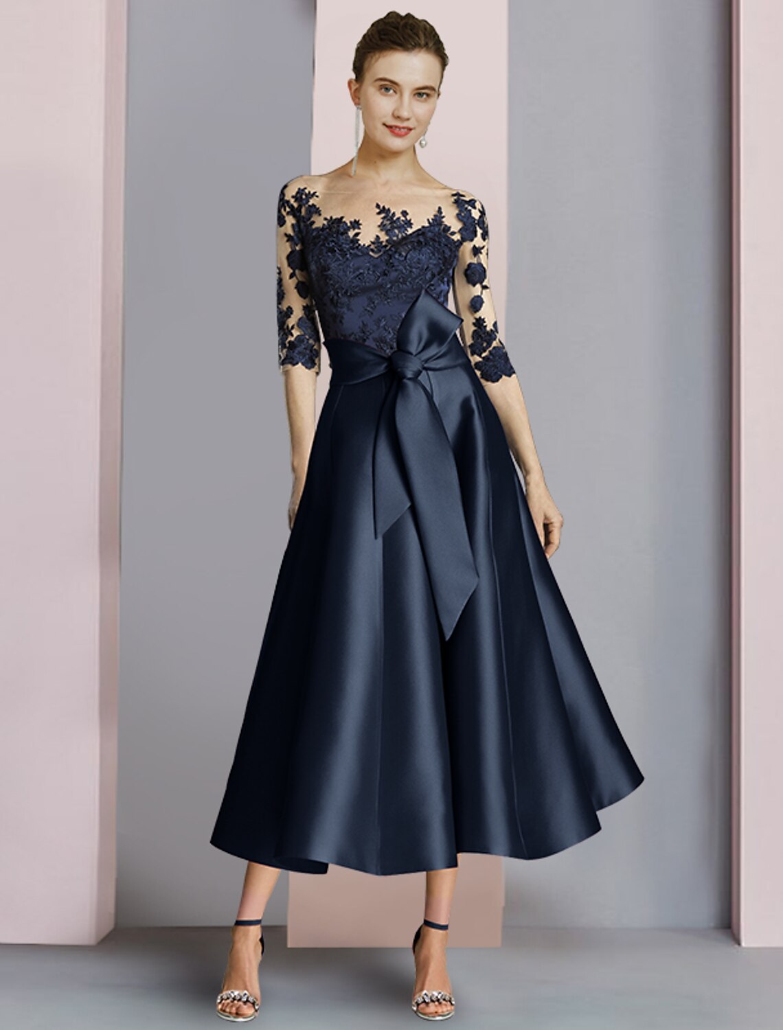 Dark Navy Satin A-Line Tea-Length Dress with Illusion Lace Bodice and Bow Waist
