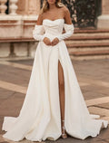 Ivory Satin A-Line Floor-Length Evening Dress with Draped Sweetheart Neckline, High Slit & Detached Long Sleeves