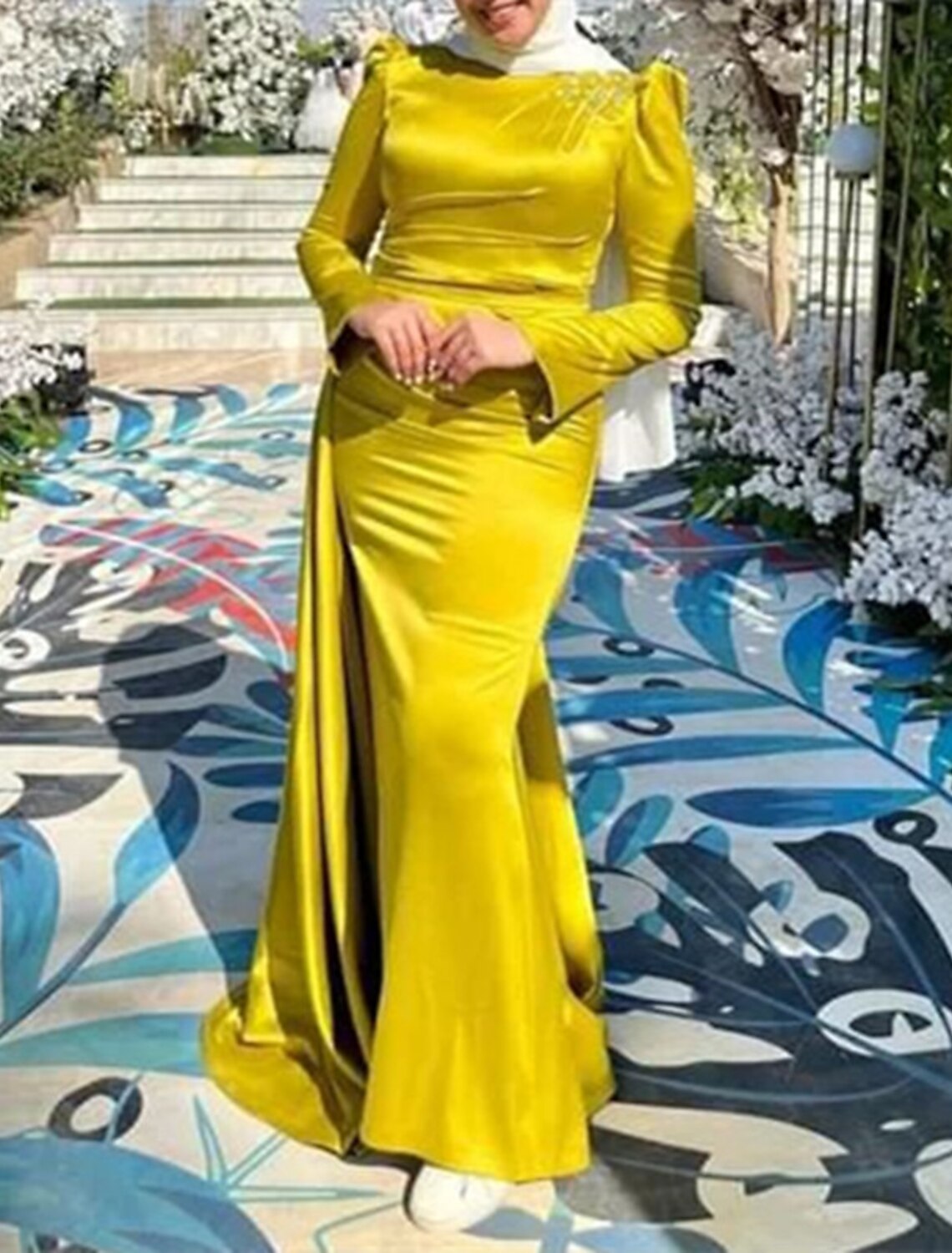 Mermaid / Trumpet Evening Gown Elegant Dress Wedding Guest Fall Floor Length Long Sleeve Jewel Neck Satin with Rhinestone Ruched