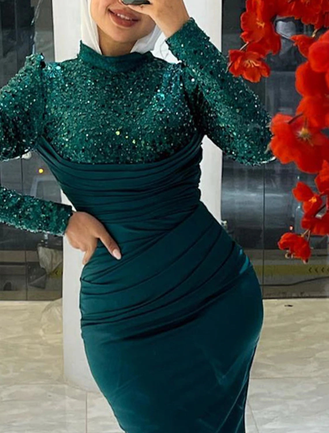 Mermaid / Trumpet Evening Gown Elegant Dress Wedding Guest Fall Sweep / Brush Train Long Sleeve High Neck  Chiffon with Ruched Sequin 2025