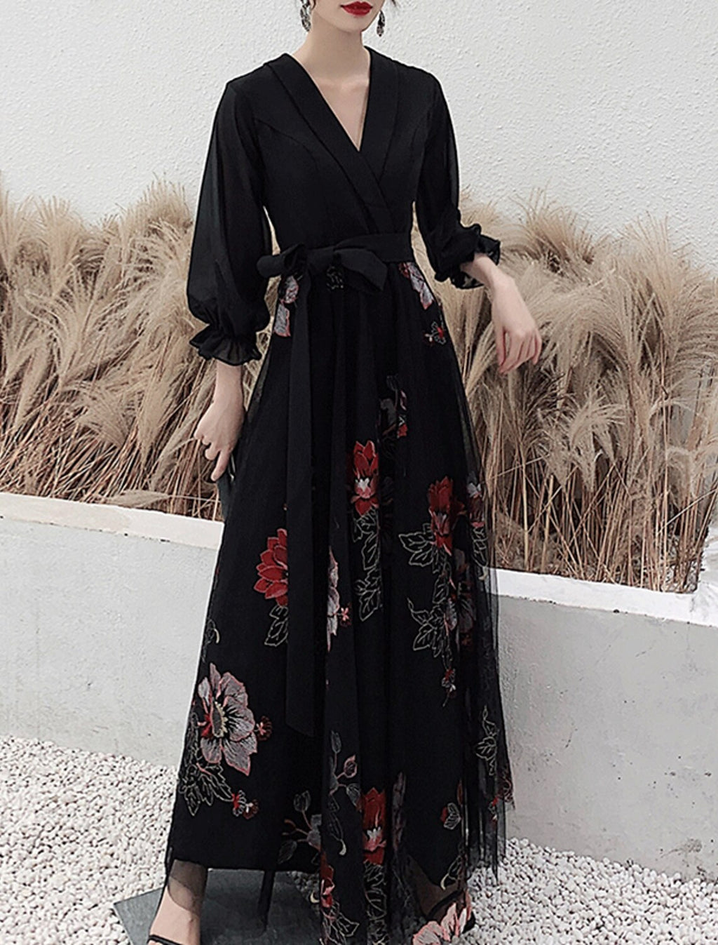 Black Chiffon A-Line Long Evening Dress with Floral Embroidery & V-Neck Wrap Bodice