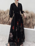 Black Chiffon A-Line Long Evening Dress with Floral Embroidery & V-Neck Wrap Bodice