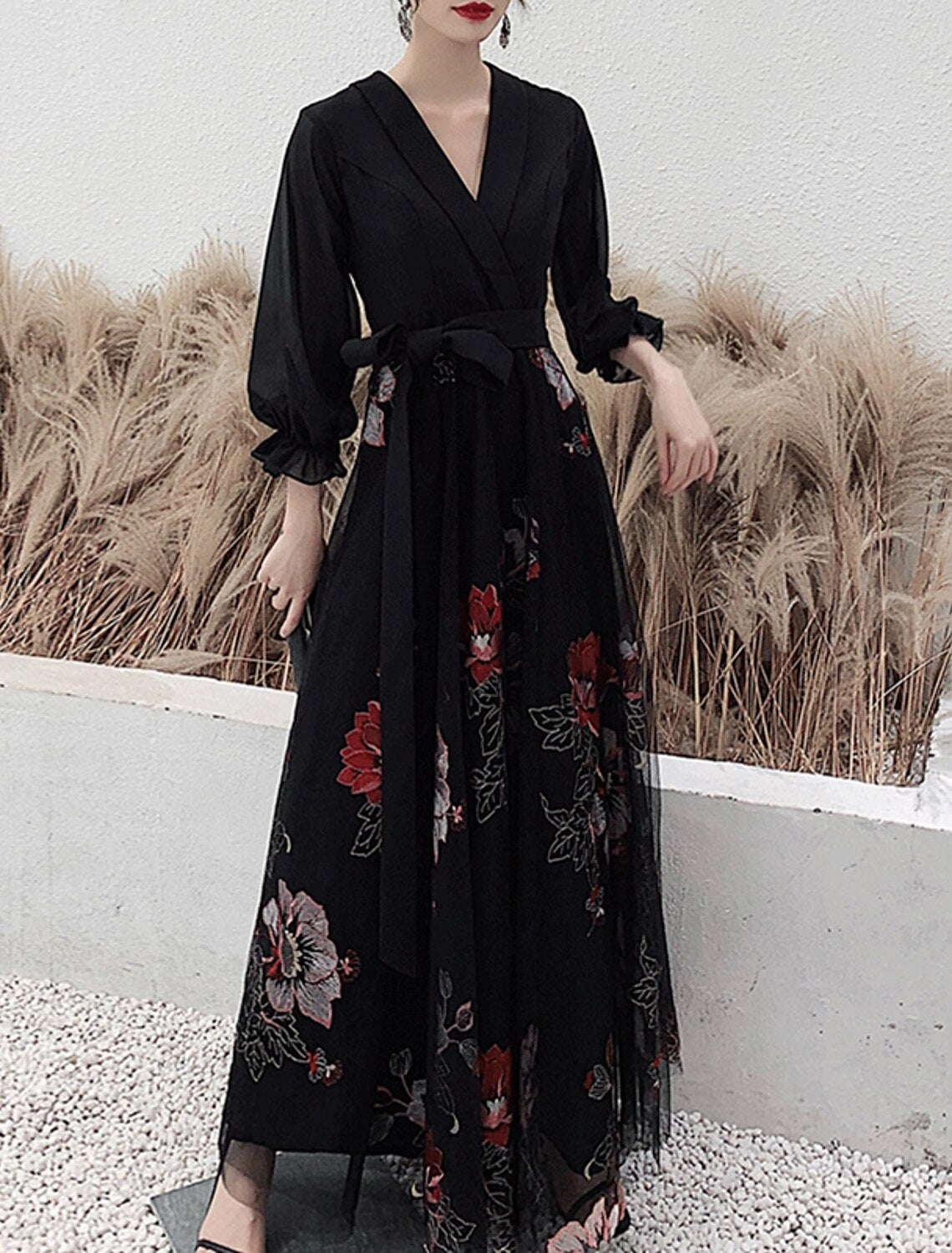 Black Chiffon A-Line Long Evening Dress with Floral Embroidery & V-Neck Wrap Bodice