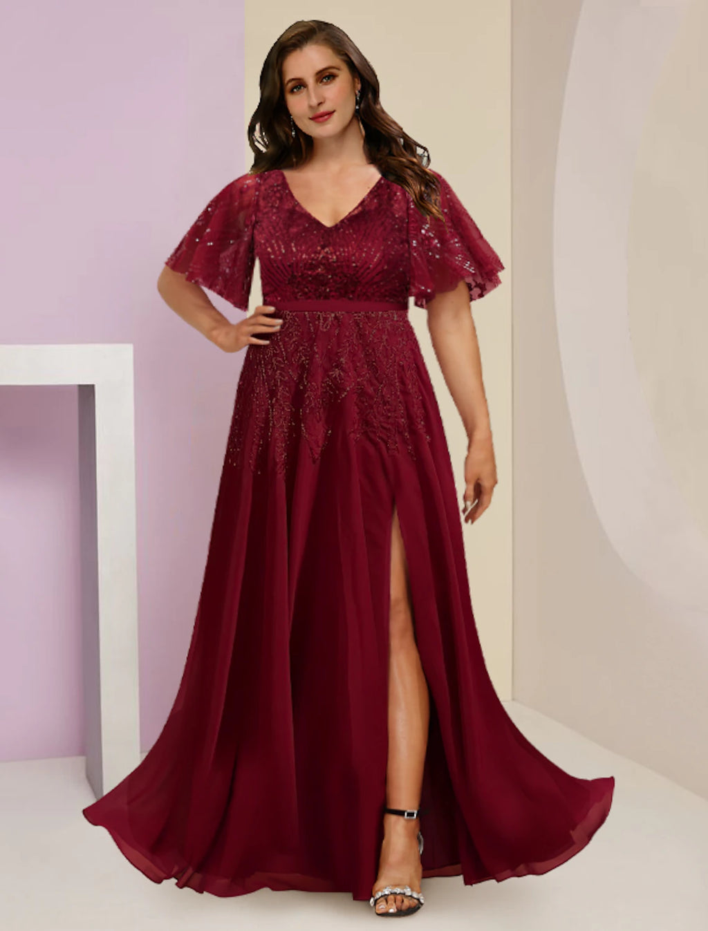 Vestidos de Madre de la Novia Talla Grande Curvas Ocultar Vientre Invitada de Boda Elegante Brillo y Resplandor Escote en V Largo hasta el Suelo Gasa Encaje Lentejuelas Manga Corta con Pliegues Frente Abierto