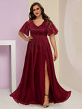 Vestidos de Madre de la Novia Talla Grande Curvas Ocultar Vientre Invitada de Boda Elegante Brillo y Resplandor Escote en V Largo hasta el Suelo Gasa Encaje Lentejuelas Manga Corta con Pliegues Frente Abierto