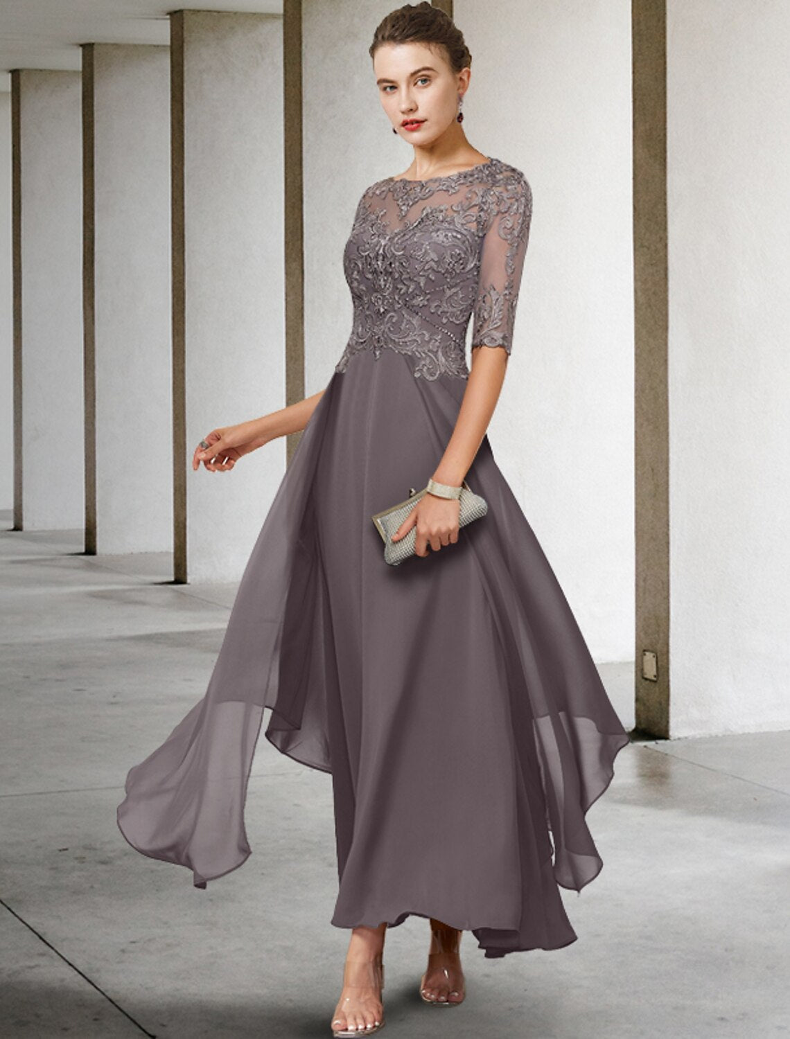 Abito da cerimonia per la madre della sposa, a trapezio, elegante, con scollo a barchetta, asimmetrico, lunghezza alla caviglia, in chiffon, pizzo, mezza manica, senza applicazioni di perline