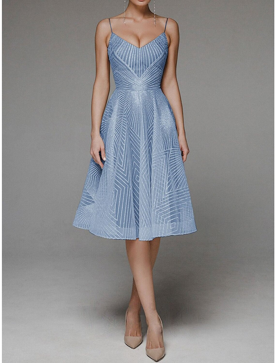 Abiti da ballo a trapezio, abiti floreali, abiti da ospite per matrimoni, lunghezza tè, senza maniche, spalline sottili, in poliestere, senza schienale, con ricami