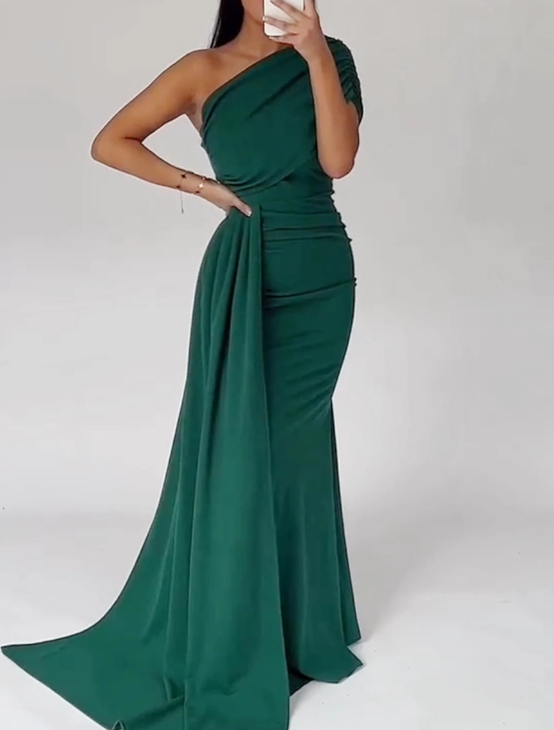 Mermaid / Trumpet Evening Gown Elegant Dress Formal Christmas Red Green Dress Sweep / Brush Train Short Sleeve One Shoulder Satin with Pleats Ruched 2025