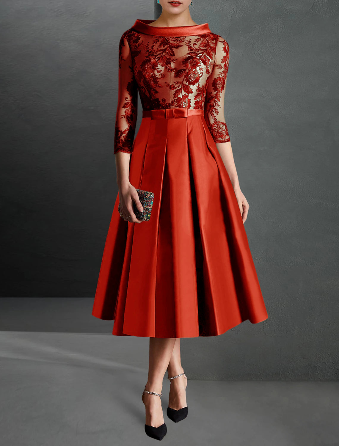 Vestido de cóctel de corte A, rojo y verde, para Navidad, formal, estilo Kentucky Derby, largo hasta la rodilla, mangas 3/4, cuello joya, para invitadas de boda de otoño, satén con pliegues y apliques 2025