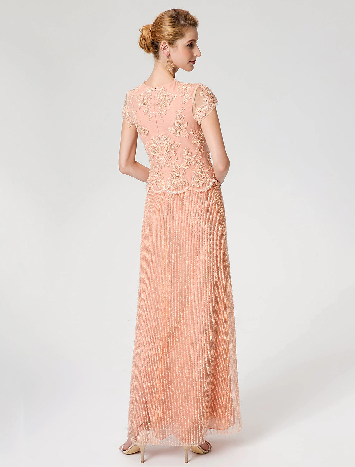 Vestido de madre de la novia con corte tubo/columna, estilo formal, de inspiración vintage, cuello joya, largo hasta los tobillos, gasa, encaje con cuentas, manga corta, sin mangas, con encaje y cuentas