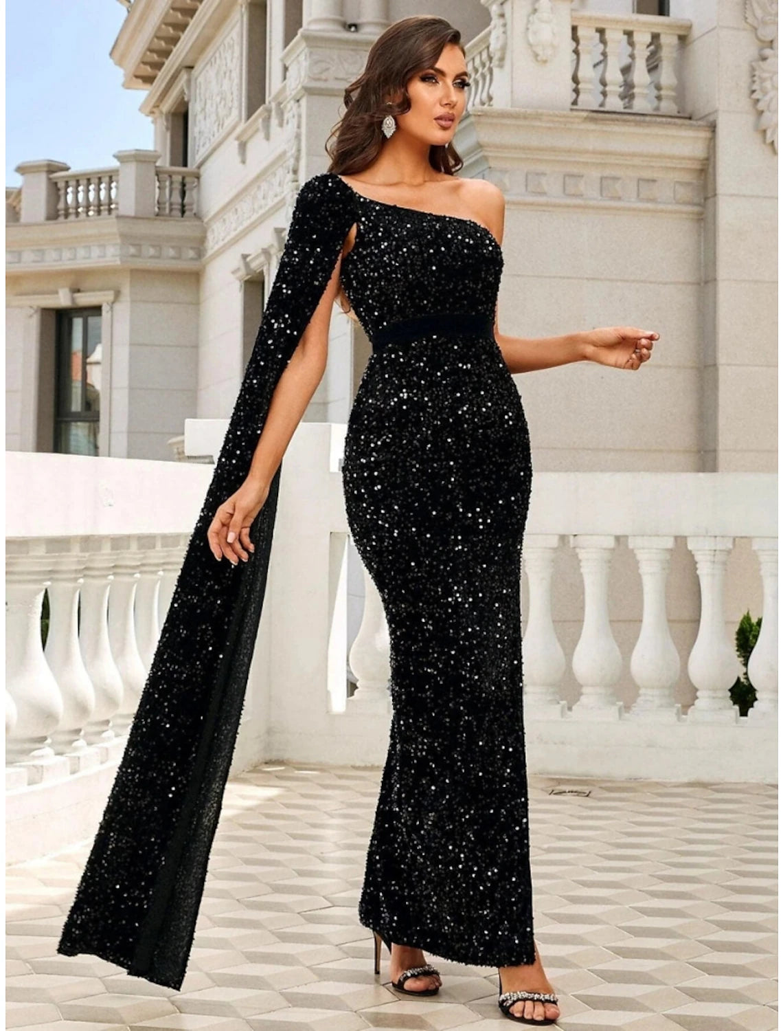 Black Sequin Mermaid Gown with One-Shoulder Cape