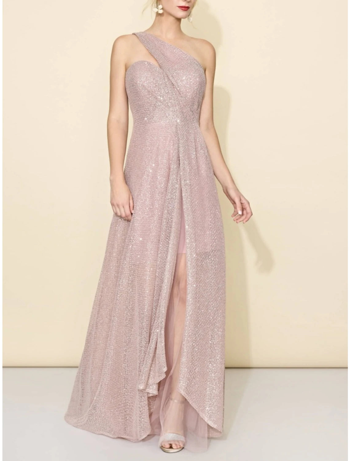 Abito da damigella d'onore a trapezio, monospalla, senza maniche, elegante, con strascico a ruota, paillettes, spacco frontale e arricciature