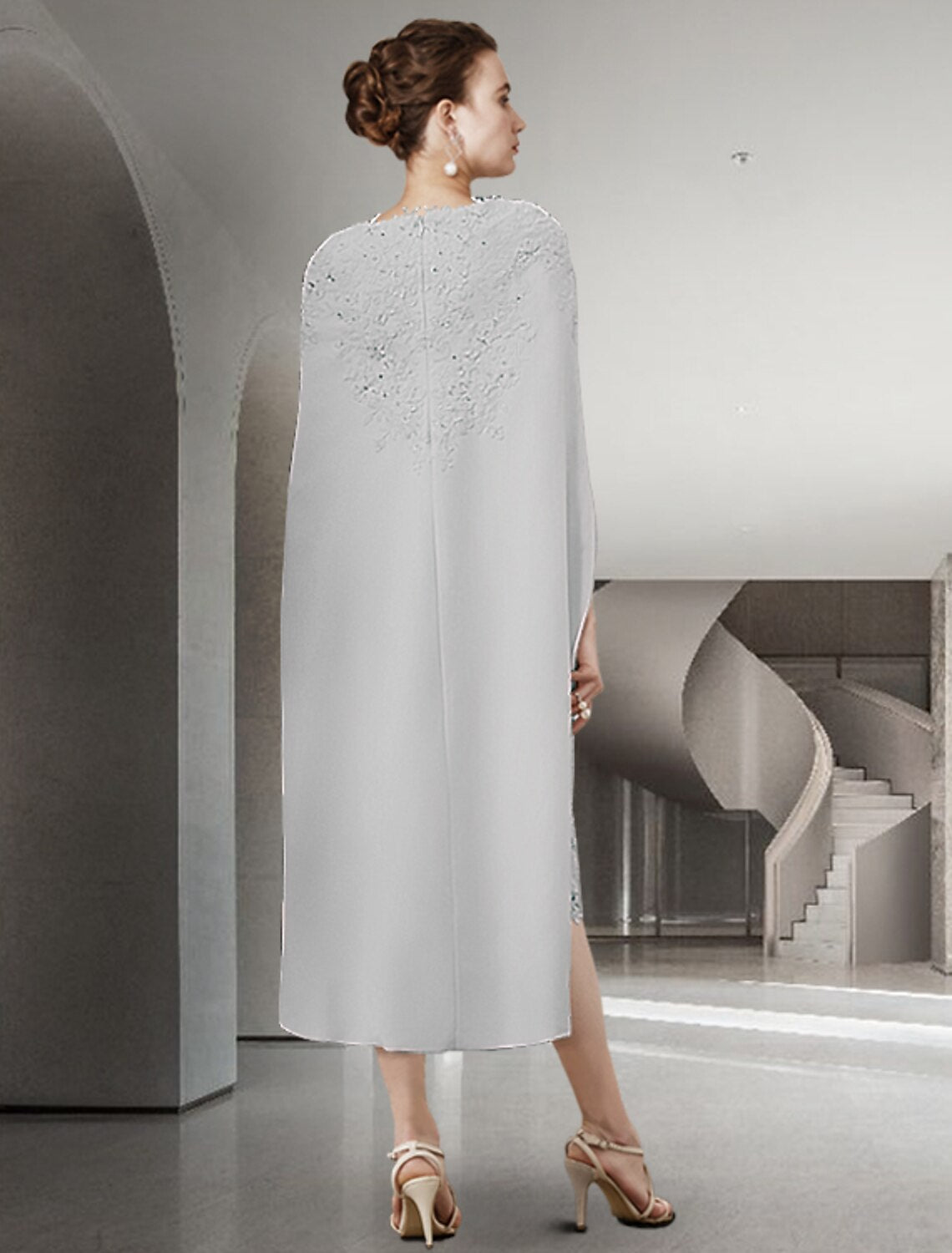 Vestido de dos piezas para madre de la novia, estilo tubo/columna, para invitada de boda, iglesia, elegante, cuello joya, largo hasta la rodilla, de gasa, encaje, sin mangas, con apliques de cuentas, otoño