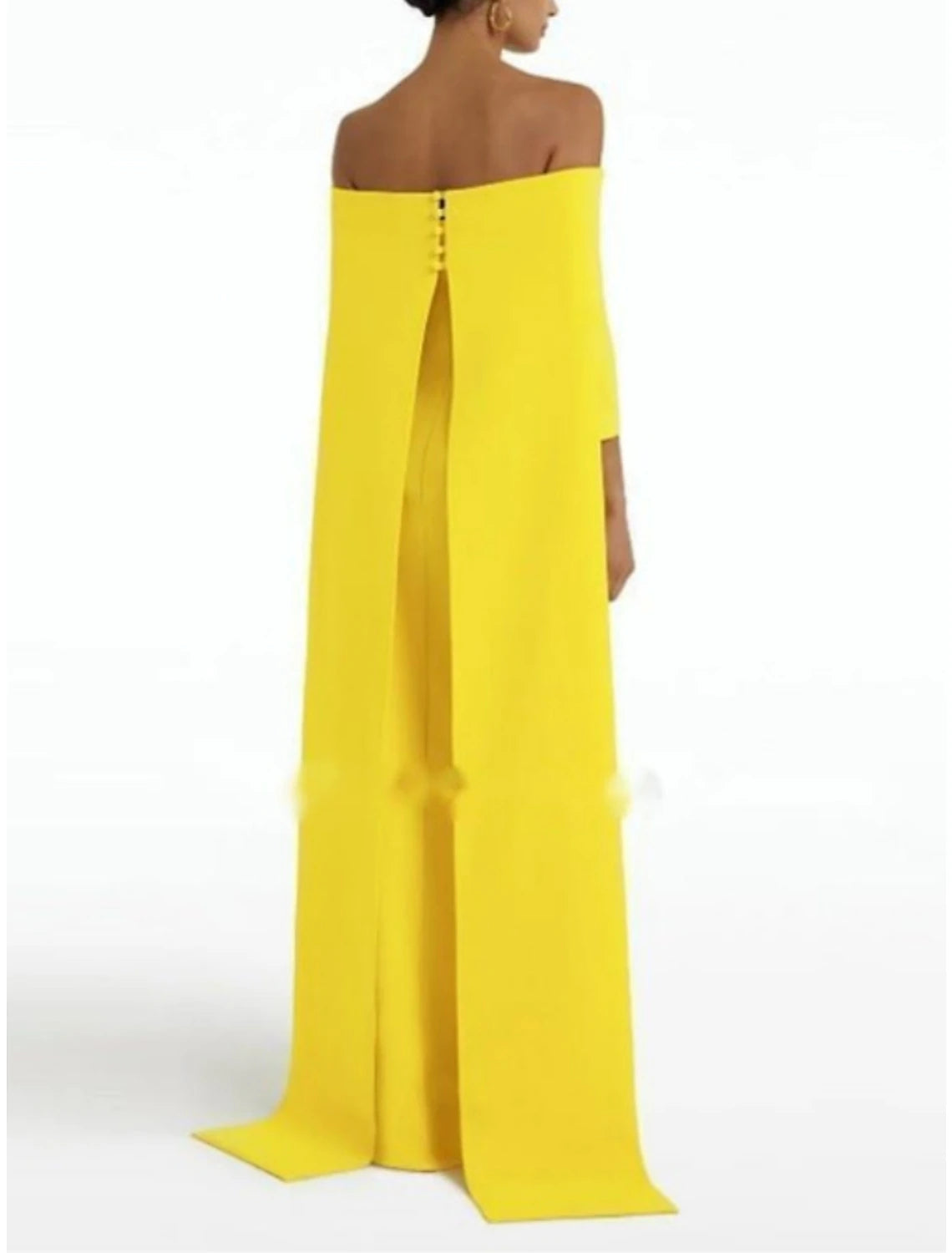 Vestido de noche elegante con corte en forma de columna, corte formal, cola larga, mangas 3/4, hombros descubiertos, tela con pliegues y fruncido.