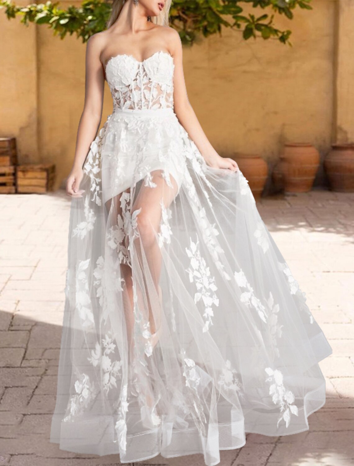 Black Chiffon A-Line Floor-Length Dress with Sweetheart Neckline and Sheer Bodice with Floral Appliques