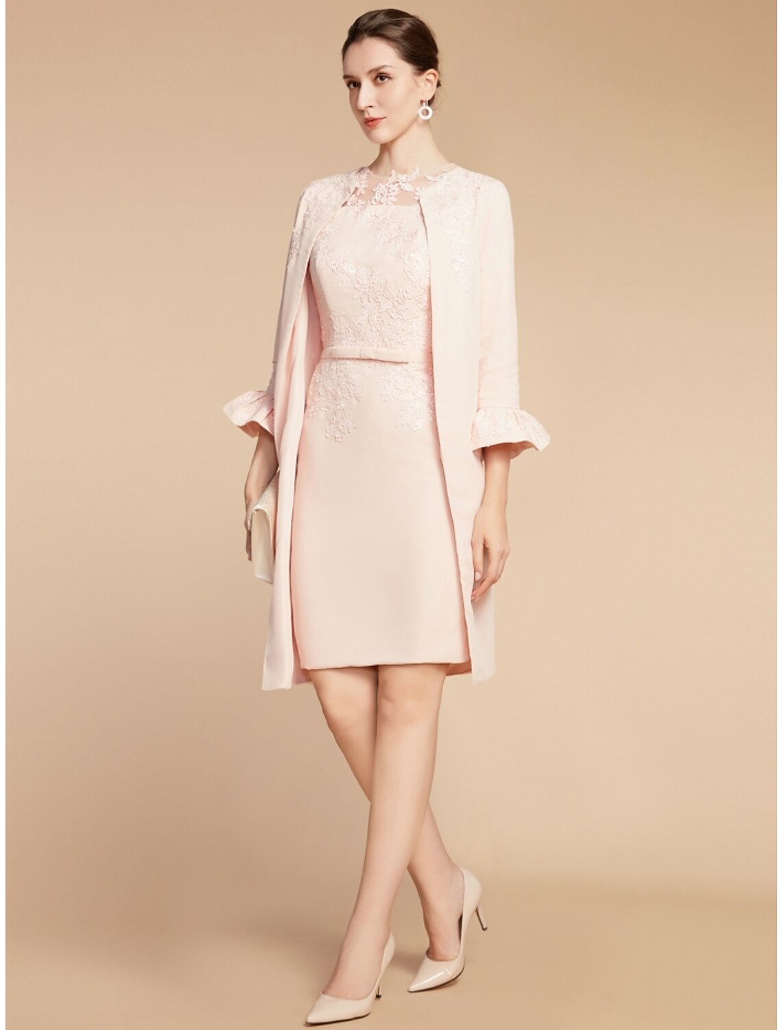 Two Piece A-Line Mother of the Bride Dress Wedding Guest Elegant Petite Jewel Neck Short / Mini Lace  Fabric 3/4 Length Sleeve with Bow(s) Ruffles Solid Color