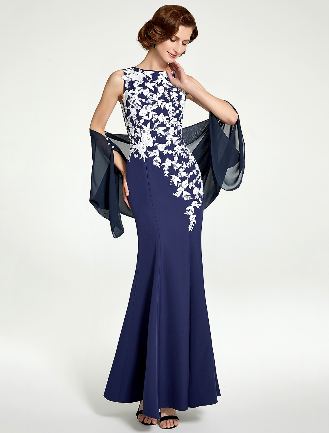 Vestido de madre de la novia de sirena/trompeta, cuello joya, largo hasta el suelo, gasa, encaje, sin mangas con encaje