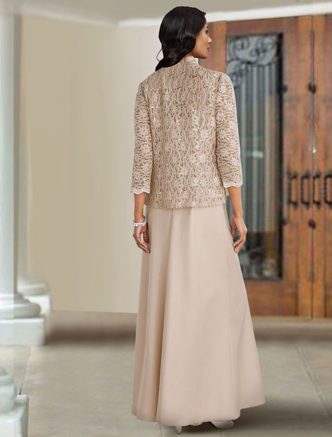 Vestido elegante de dos piezas de corte A para madre de la novia, escote cuadrado, tirantes finos, largo hasta el suelo, de gasa, encaje, sin mangas, cruzado incluido con color sólido