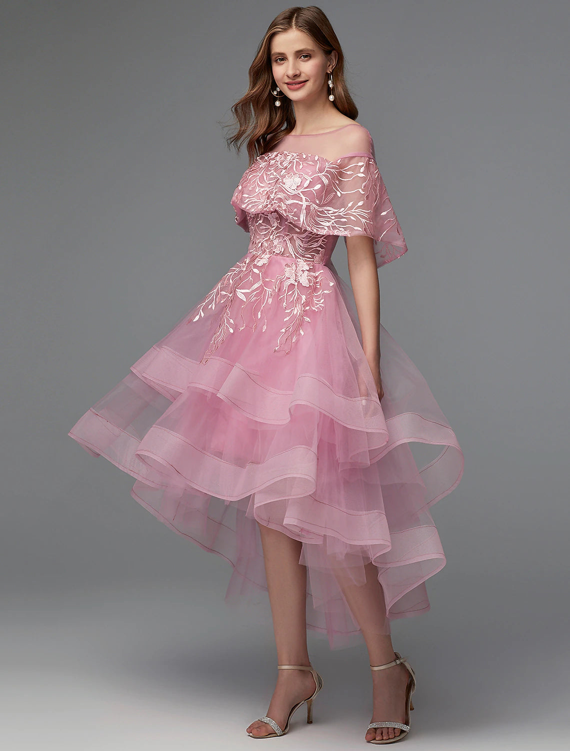 Pink Chiffon A-Line Asymmetrical Dress with Embroidered Bodice for Prom & Wedding Guests