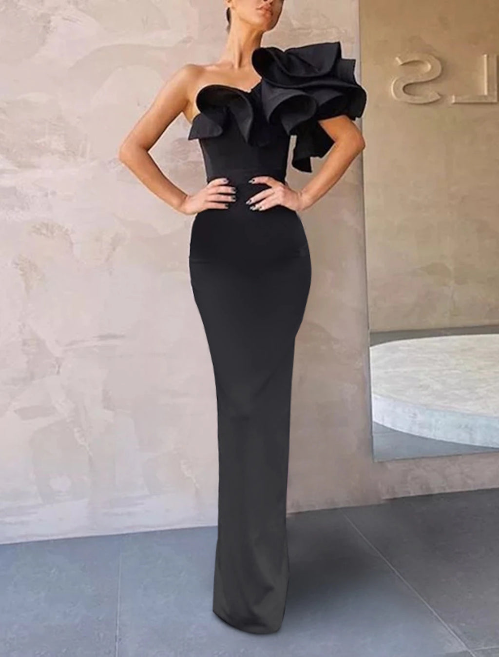 Vestido de noche rojo y verde navideño de sirena, estilo celebridad, formal, para invitada de boda, largo hasta el suelo, sin mangas, con un hombro al descubierto, de tela con volantes, 2025