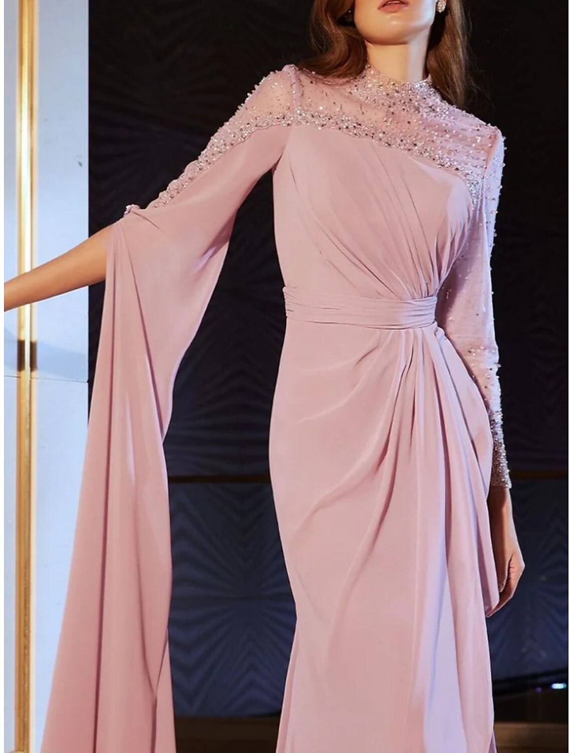 Dusty Rose Chiffon A-Line Floor-Length Evening Gown with Embellished High Neck