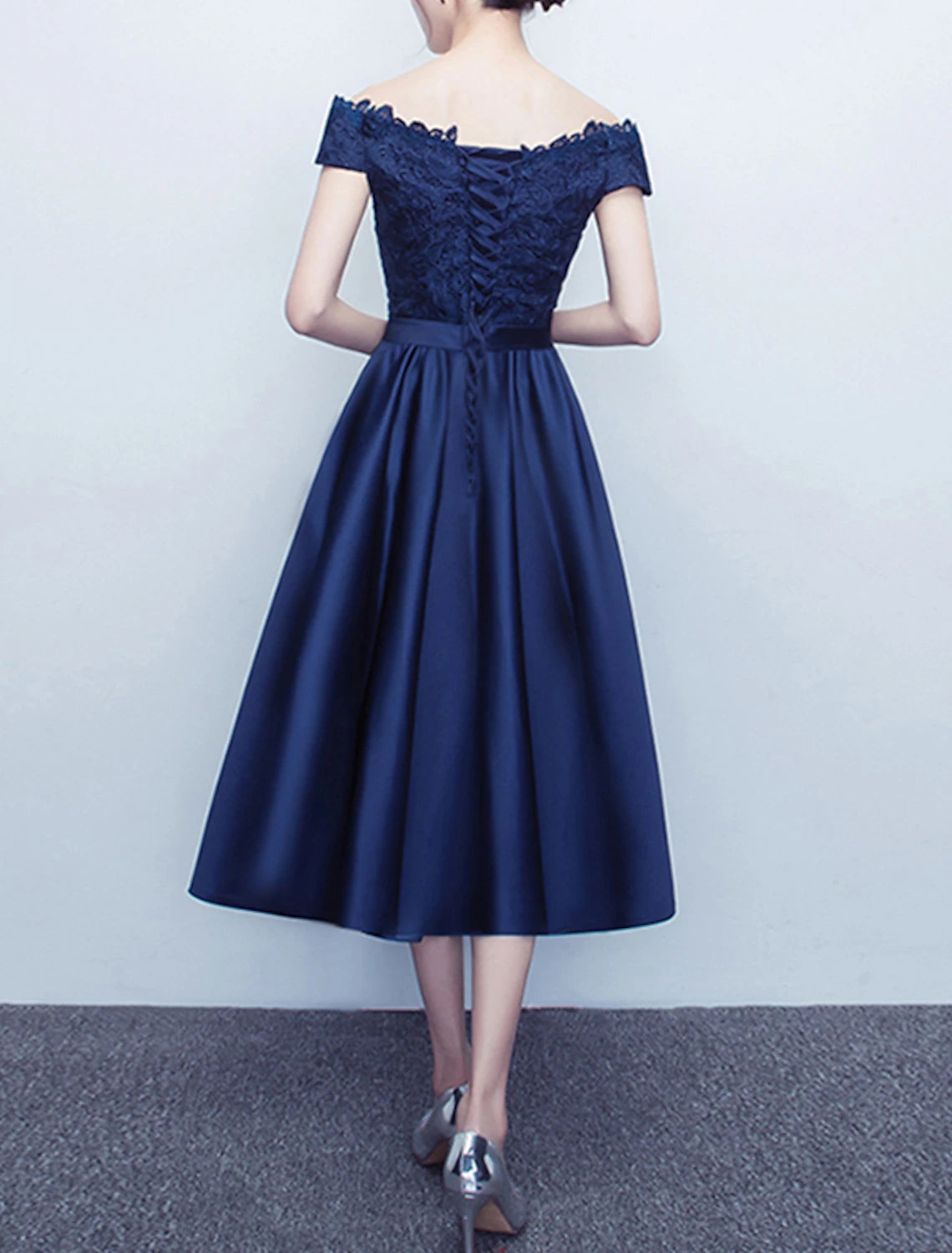 Dark Navy Satin A-Line Off-the-Shoulder Tea-Length Dress with Lace Bodice and Ribbon Bow