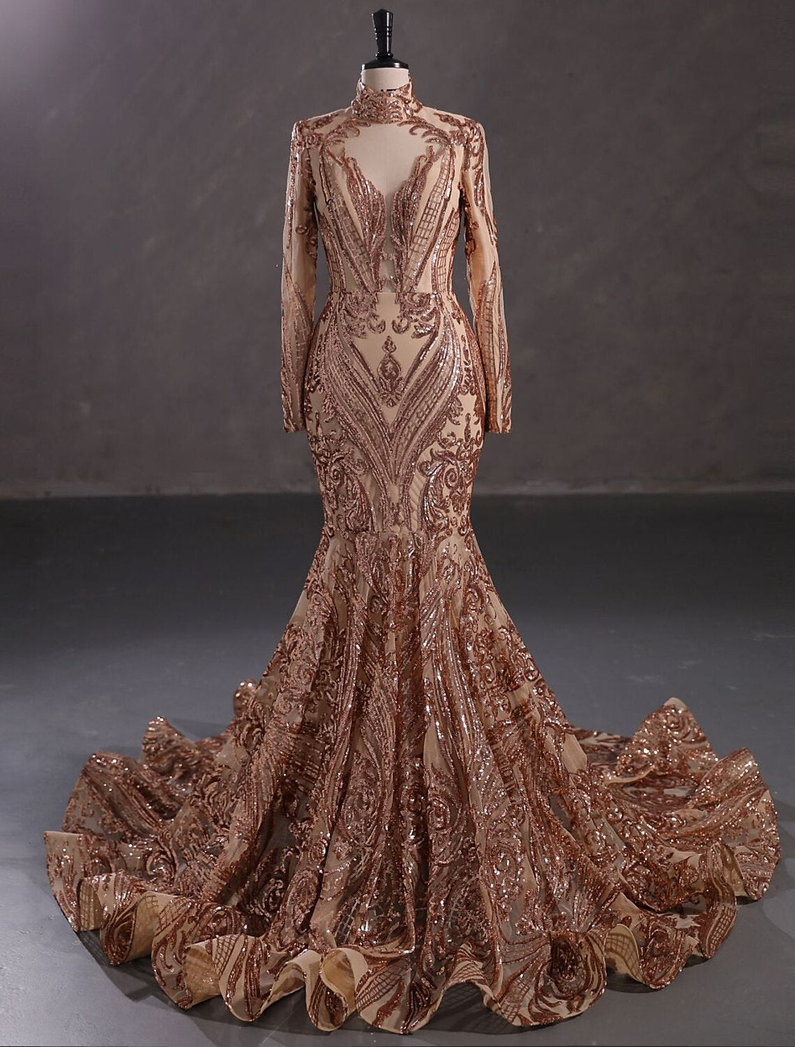 Vestido de fiesta de sirena, vestido de noche, vestido brillante y resplandeciente, vestido de carnaval, Navidad, rojo y verde, cola de corte, manga larga, cuello alto, encaje con lentejuelas