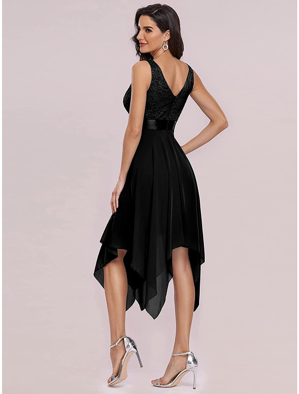 Black Chiffon A-Line High-Low Dress with Lace V-Neck Bodice
