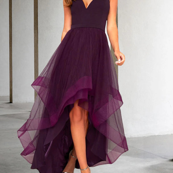 Burgundy Tulle A-Line Asymmetrical Bridesmaid Dress