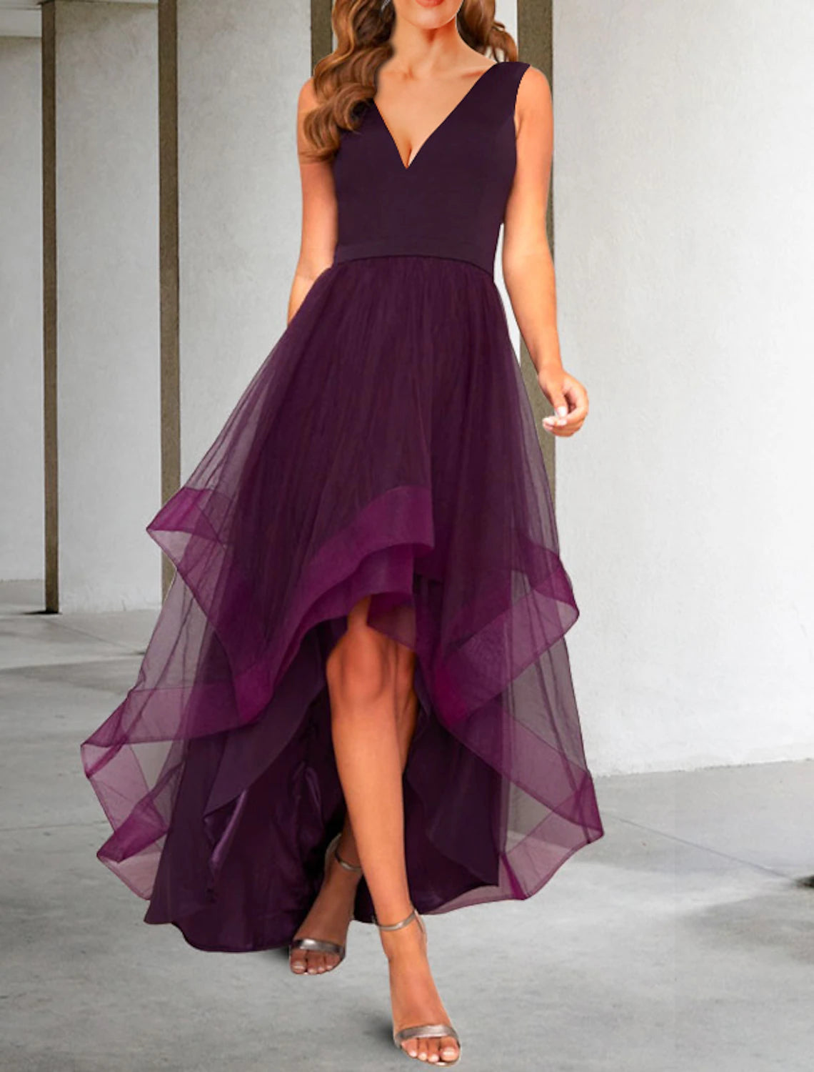 Burgundy Tulle A-Line Asymmetrical Bridesmaid Dress