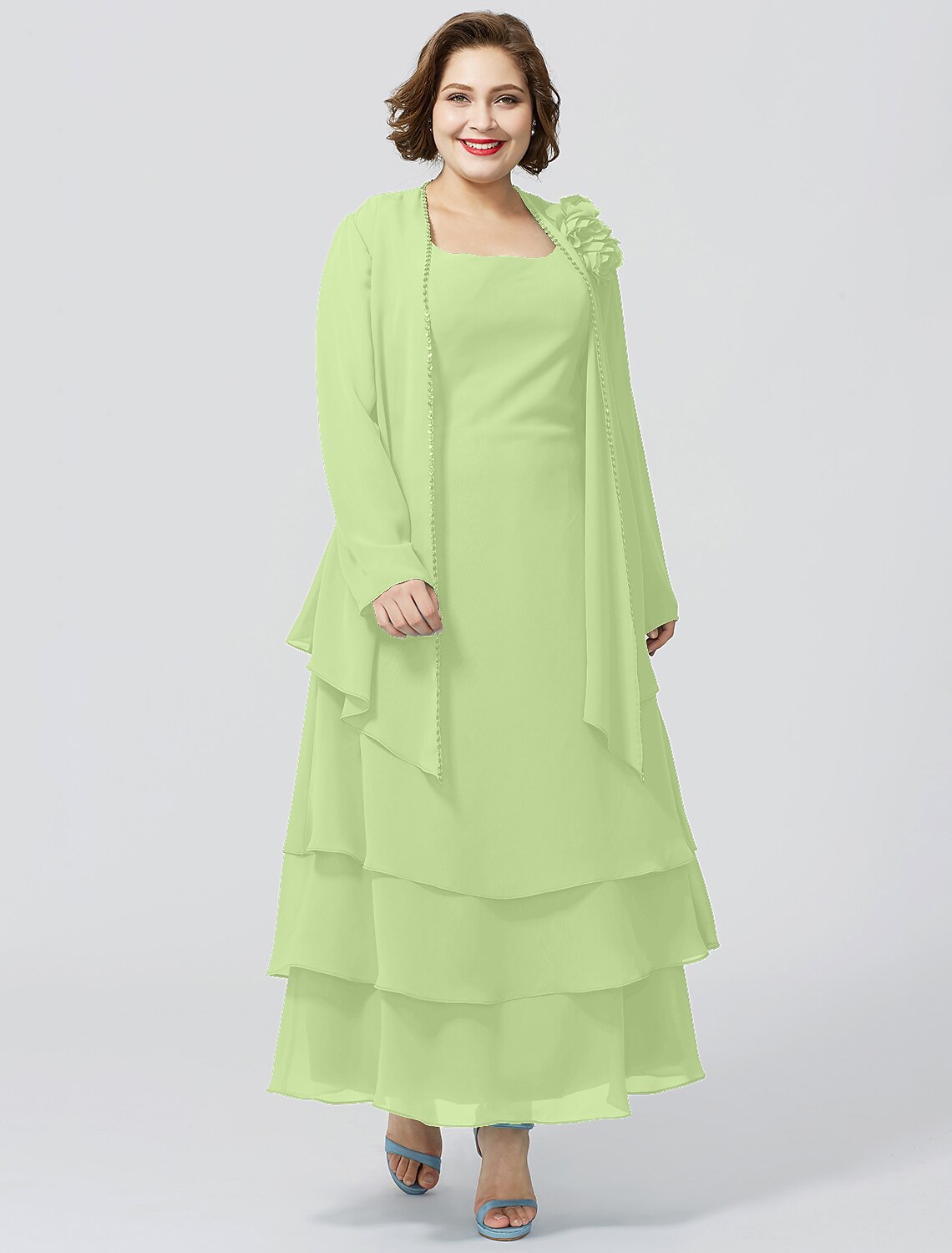 Abito da madre della sposa a trapezio, elegante, taglie forti, con scollo a barchetta, lunghezza alla caviglia, in chiffon, senza maniche, con pizzo