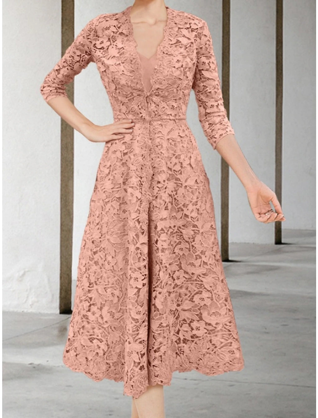 Blushing Pink Lace A-Line Tea-Length Dress with Sheer V-Neck