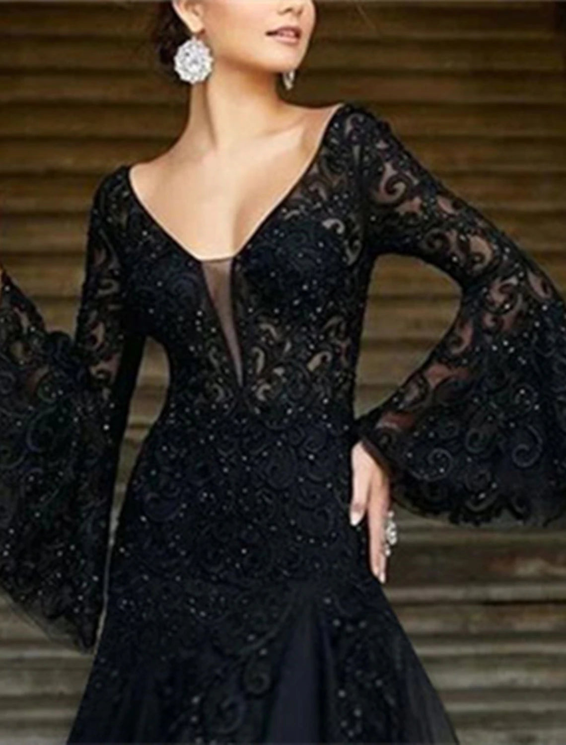 Black Lace Mermaid Floor-Length Evening Dress with V-Neck & Bell Sleeves