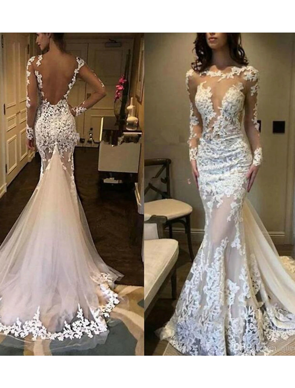 Ivory Lace Mermaid Wedding Dress with Illusion Neck & Long Sleeves