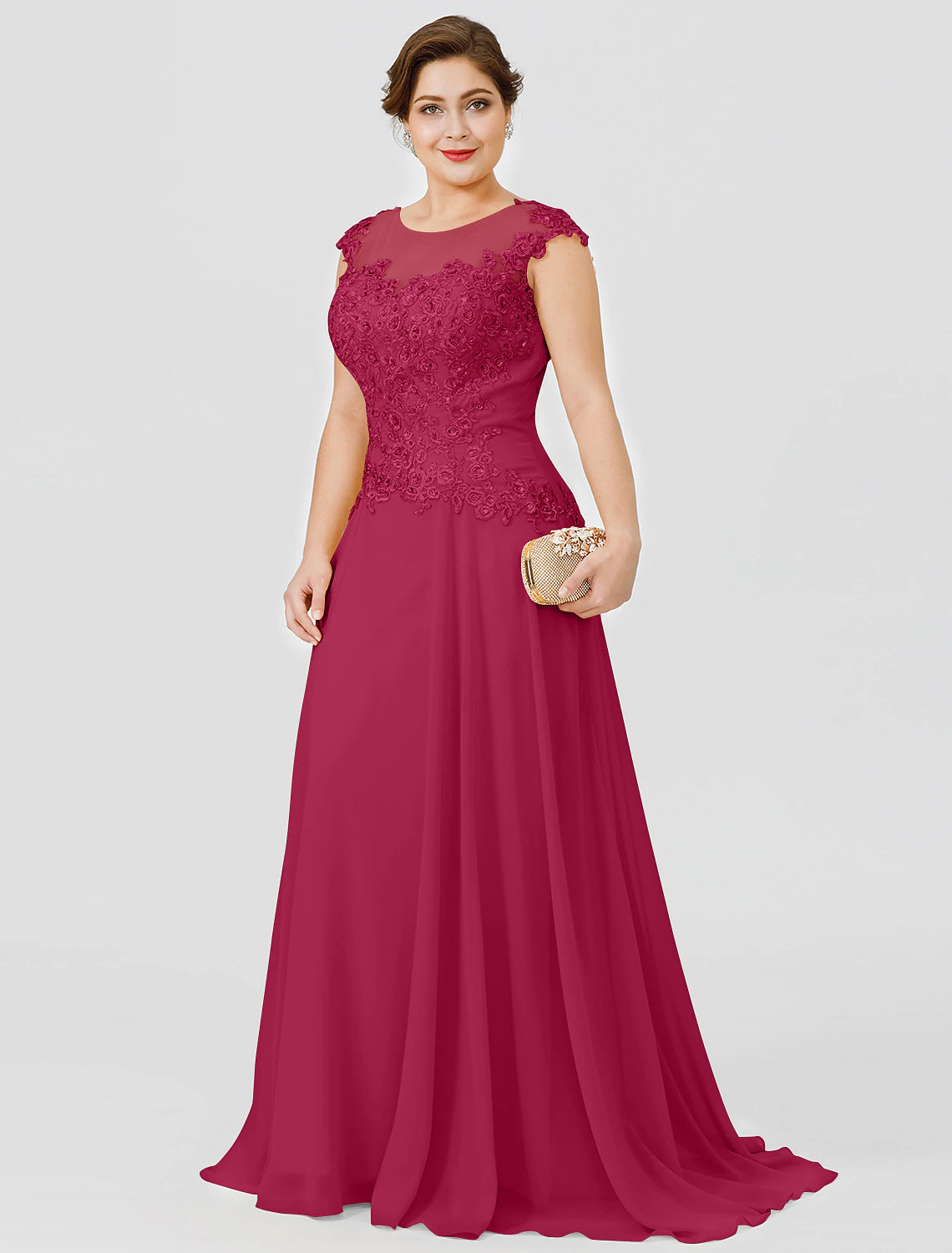 Abito da cerimonia per la madre della sposa, elegante, in stile a trapezio, con scollo a V, in chiffon, con perline e pizzo, a maniche corte, senza fiocco/fiocco/i e pieghe.