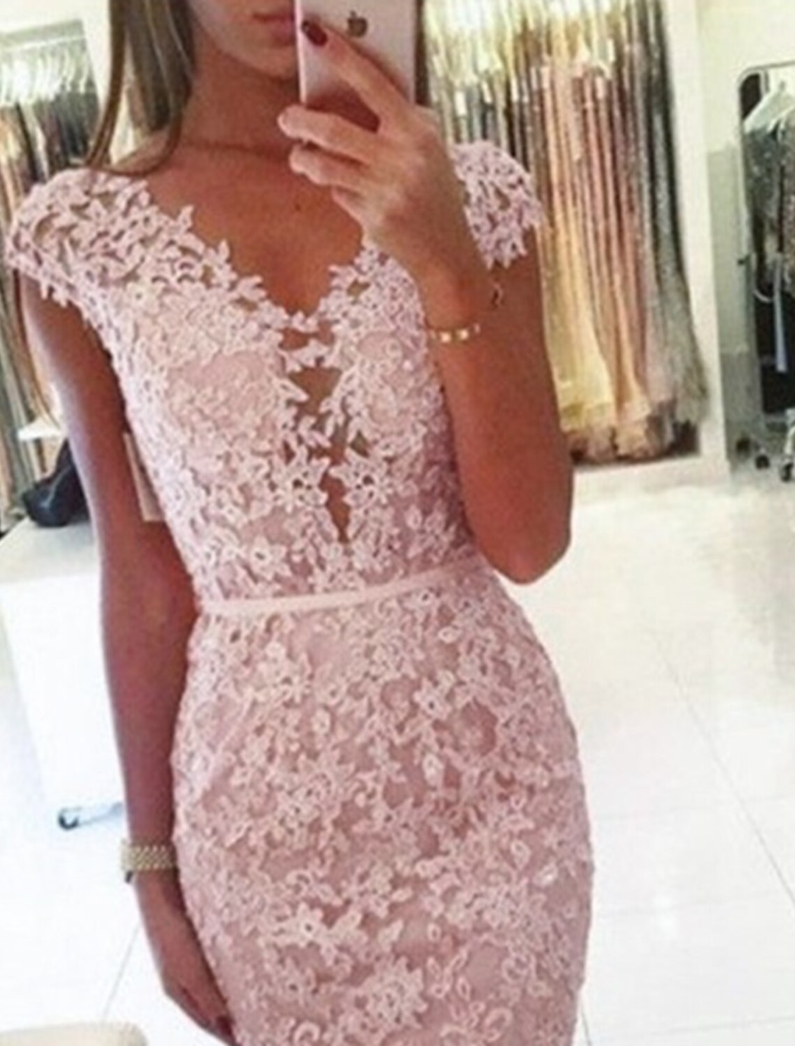 Sheath Party Dress Homecoming Dresses Floral Dress Holiday Graduation Short / Mini Sleeveless V Neck Pink Dress Lace with Appliques