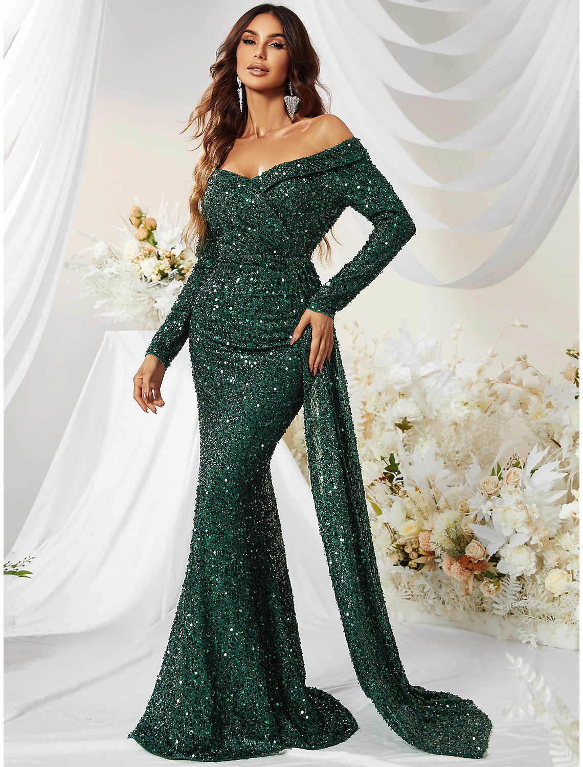Emerald Sequin Mermaid Off-the-Shoulder Floor-Length Dress with Side Train for Prom & Black-Tie