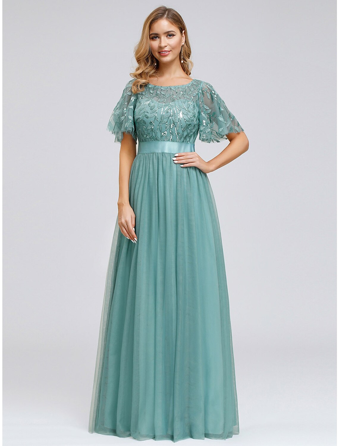 Vestidos de fiesta de corte A, estilo imperio, para invitadas de boda, para graduación, largo hasta el suelo, manga corta, cuello joya, vestido de dama de honor de tul con apliques de lentejuelas