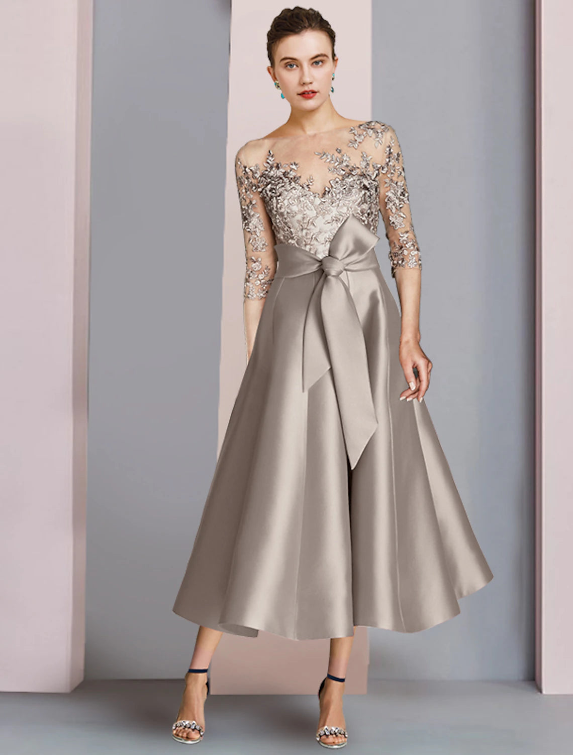 Champagne A-Line Tea-Length Evening Dress | Illusion Neck, Lace Bodice & Waist Bow
