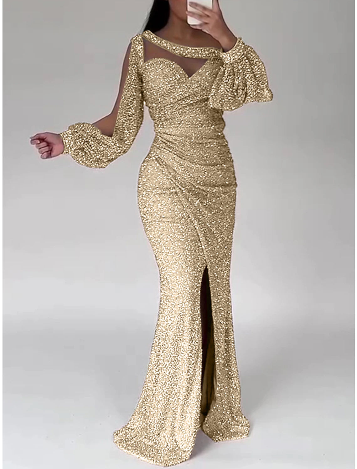 Mermaid Dress Evening Gown Champagne Gown Sparkle Sequin Dress Formal Floor Length Long Sleeve Scoop Neck with Ruched Slit