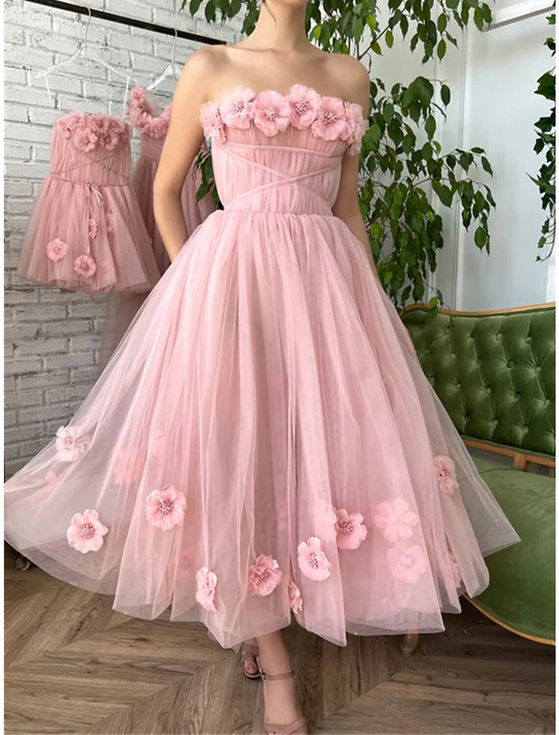 Pink Tulle A-Line Tea-Length Bridesmaid Dress with 3D Floral Appliques
