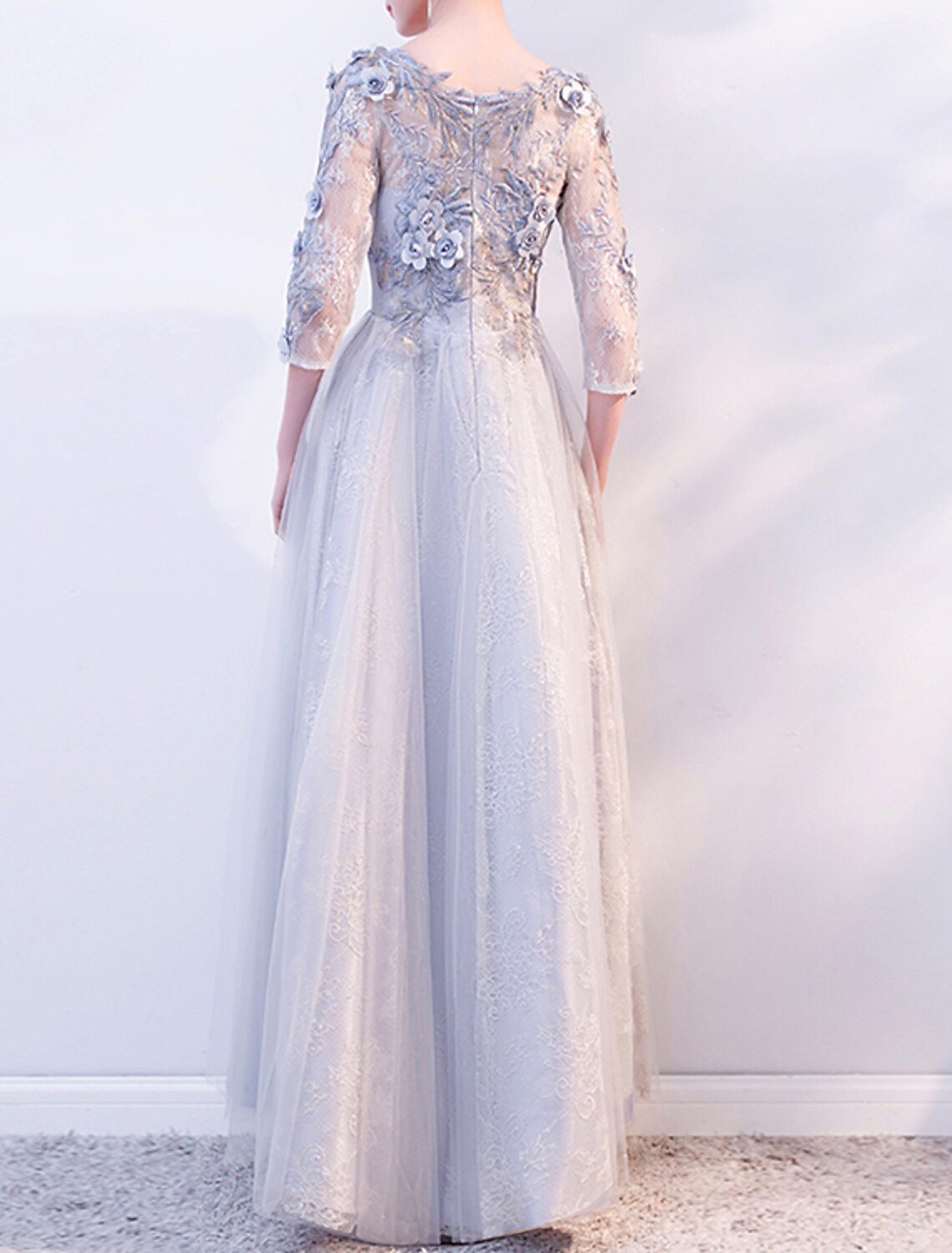 Abito da sera a trapezio, elegante, da invitato a nozze, da sera formale, lungo fino al pavimento, con maniche a 3/4, scollo gioiello, in tulle con applicazioni